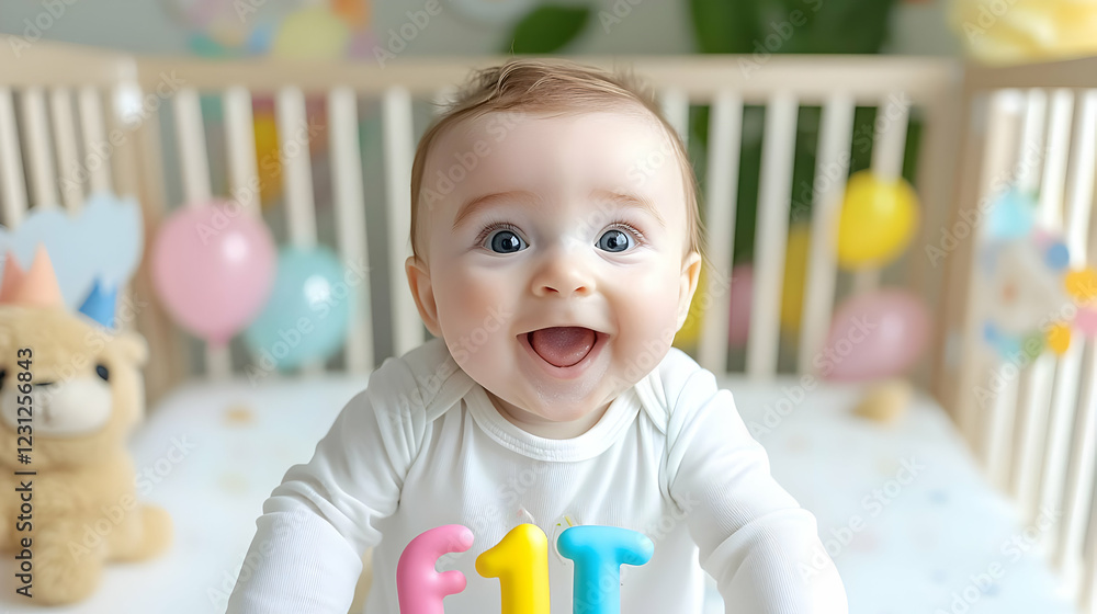 Happy baby's first birthday in crib Happy baby's first birthday in crib
