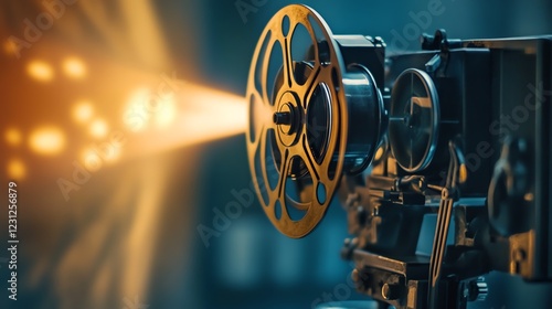 Vintage film projector projecting bright light.
