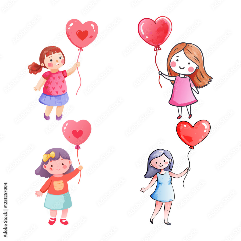Set Of Watercolour Cute Girl Hold Balloon Vector Illustration Set Of Watercolour Cute Girl Hold Balloon Vector Illustration