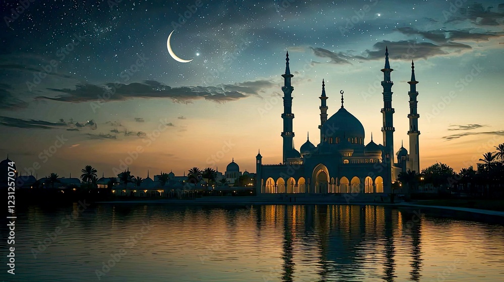 Naklejka premium Majestic Mosque at Night: A Serene Reflection of Islamic Culture