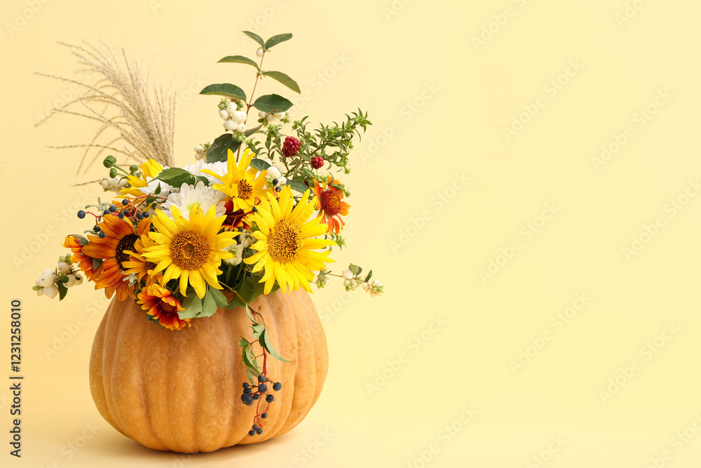 Obraz premium Beautiful autumn bouquet in pumpkin on yellow background