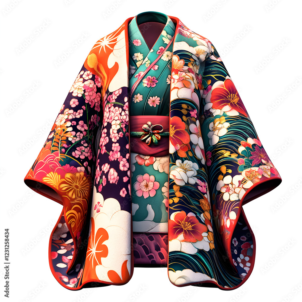 Naklejka premium A colorful kimono with intricate sakura and wave patterns, beautifully folded