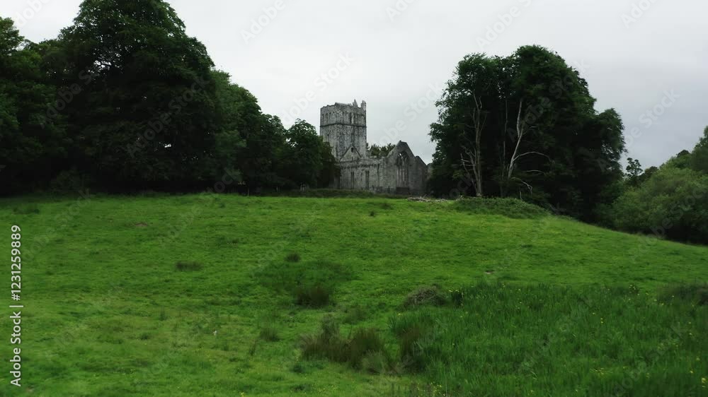 Drone shot approaching Muckross Abbey with a field of green in the foreground. Drone shot approaching Muckross Abbey with a field of green in the foreground.