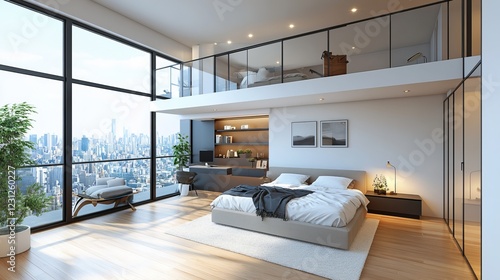 Cozy Bedroom with Spacious Bed Offering Panoramic City View Evoking Comfort and Urban Sophistication