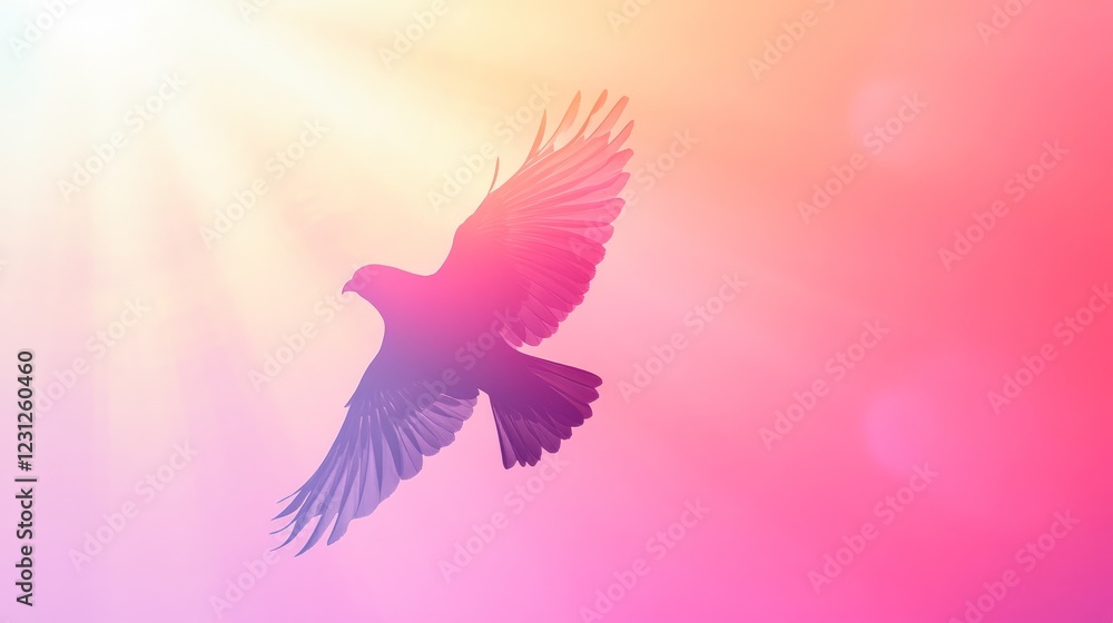 Obraz premium A stunning silhouette of a bird soaring through a vibrant gradient sky, illuminated by radiant sunlight.