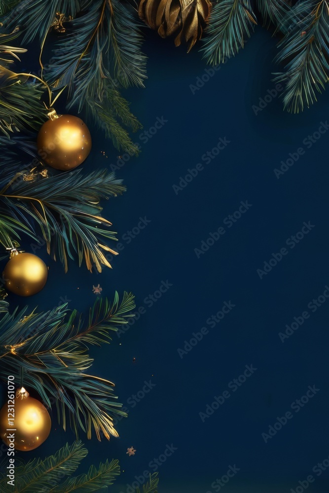Golden Christmas ornaments and green fir branches on dark blue background, creating a festive border design for holidays. Golden Christmas ornaments and green fir branches on dark blue background, creating a festive border design for holidays.