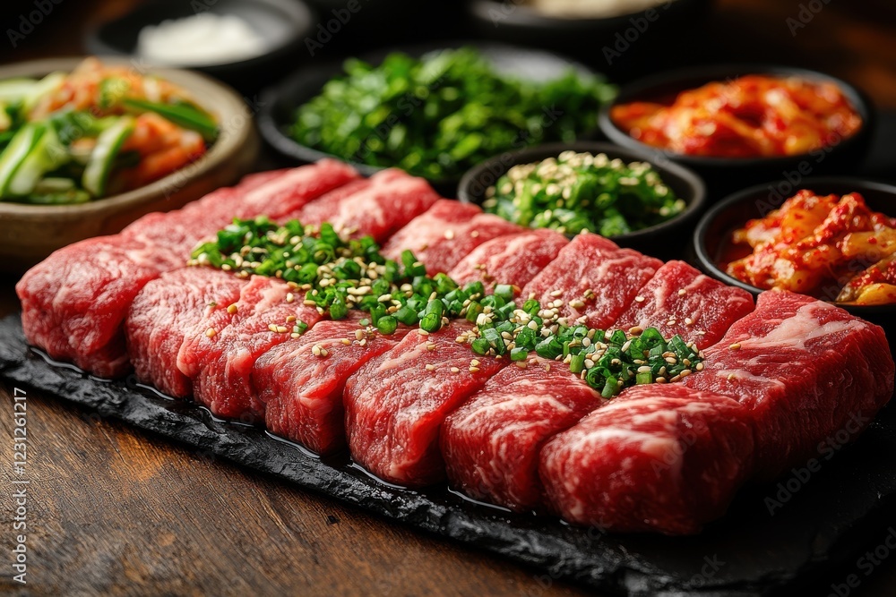 Raw Beef Slices with Assorted Korean Side Dishes on Wooden Table - Culinary Delight Raw Beef Slices with Assorted Korean Side Dishes on Wooden Table - Culinary Delight