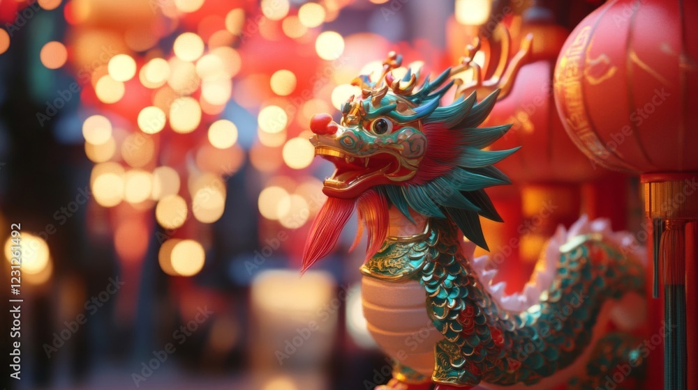 Fototapeta premium Green And Gold Dragon Figurine With Red Lanterns Festive Background