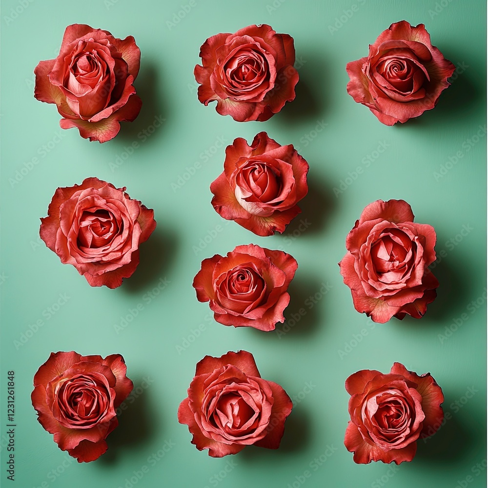 Beautiful red roses arranged in a grid pattern on a soft green background Beautiful red roses arranged in a grid pattern on a soft green background