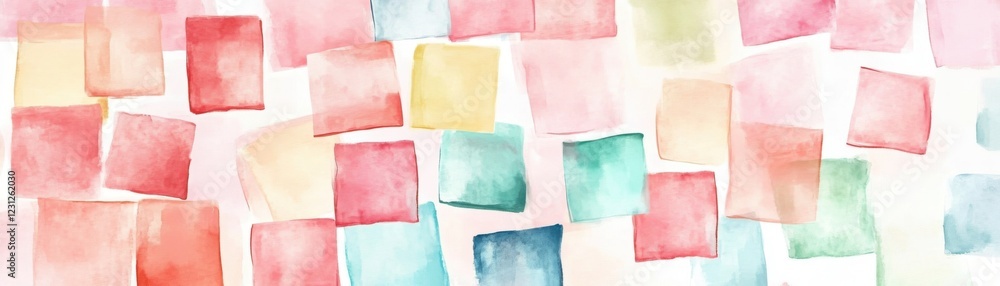Fototapeta premium A vibrant watercolor background featuring pastel squares in various shades, perfect for artistic projects, invitations, or creative designs.