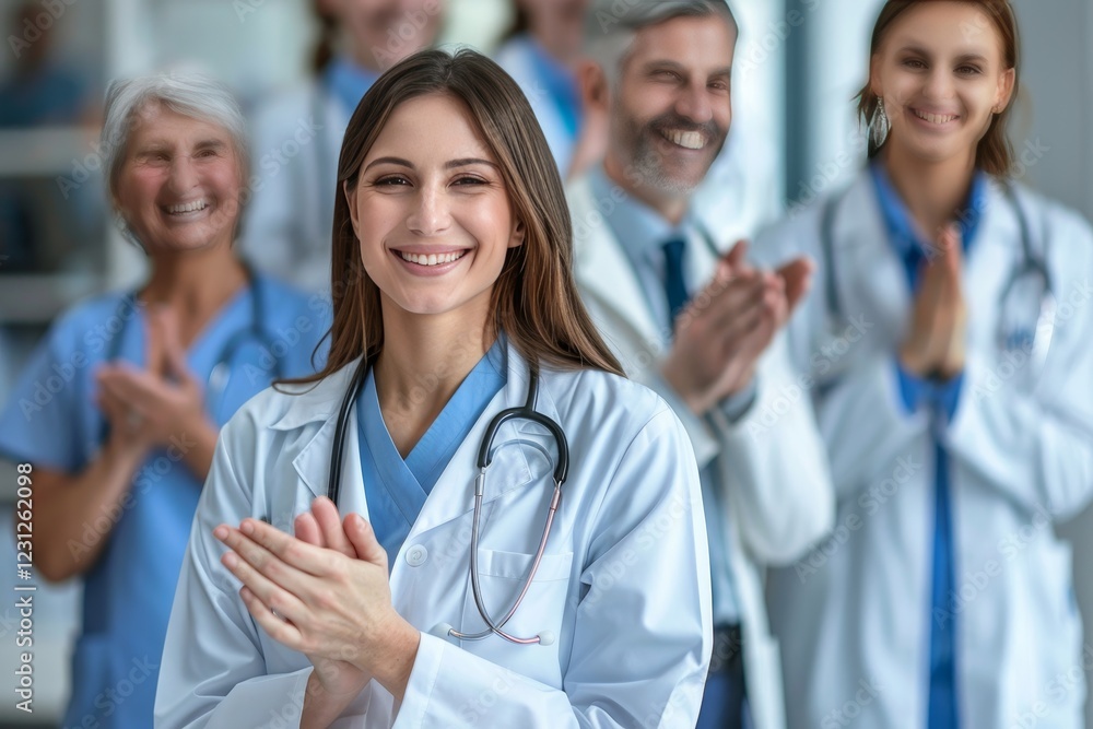Group of Doctors Clapping, Celebrating Success in Hospital. Healthcare Workers Applauding Group of Doctors Clapping, Celebrating Success in Hospital. Healthcare Workers Applauding