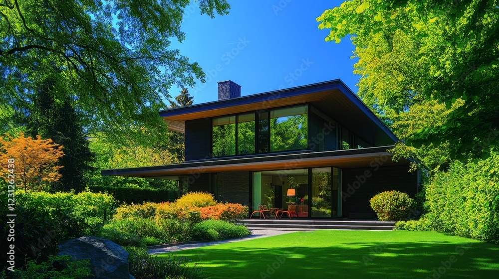 120.A bright and welcoming image of a wooden house in Esslingen, characterized by its sleek modern design, natural wood textures, and vibrant green surroundings in a suburban setting. 120.A bright and welcoming image of a wooden house in Esslingen, characterized by its sleek modern design, natural wood textures, and vibrant green surroundings in a suburban setting.