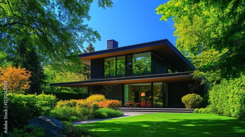 120.A bright and welcoming image of a wooden house in Esslingen, characterized by its sleek modern design, natural wood textures, and vibrant green surroundings in a suburban setting. photo