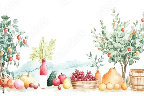A vibrant watercolor illustration of a bountiful harvest. Featuring various fruits and vegetables arranged among lush greenery, perfect for food themes.