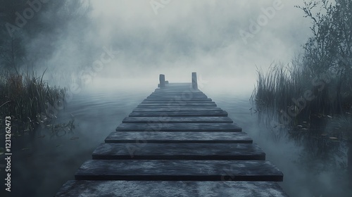 Misty Morning at a Wooden Dock on a Dark Lake photo