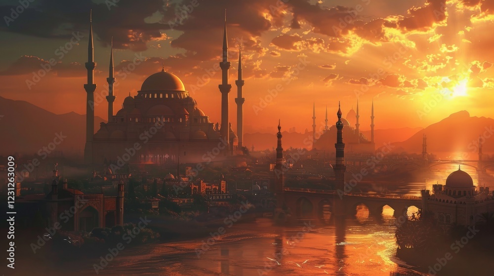 Fototapeta premium Beautiful ramadan mubarak and eid mubarak wallpaper with islamic calligraphy, crescent moon, and lanterns – festive background for ramadan and eid celebrations