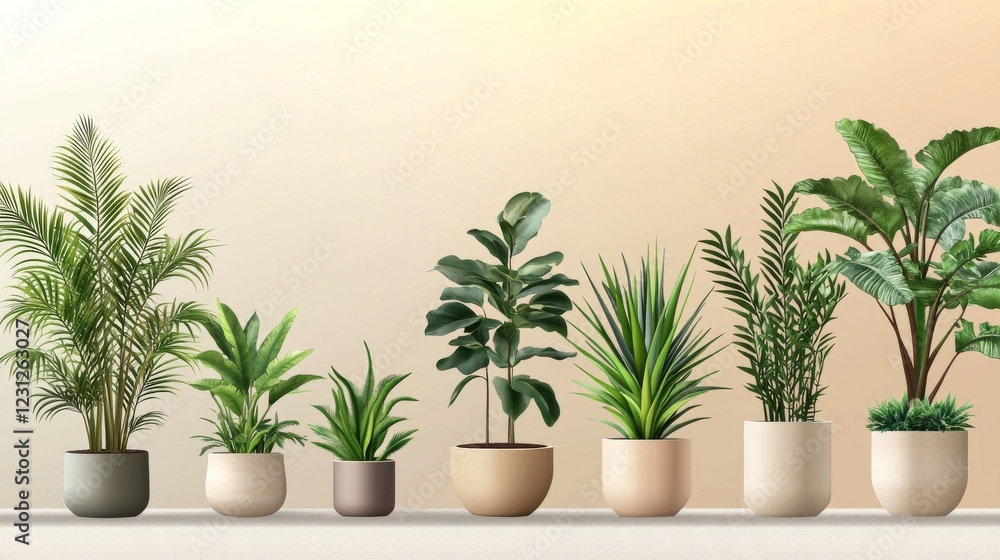 35.A collection of tropical and desert plants, rendered in a sleek vector style, positioned in an urban living room with fashionable decorative planters against a muted gradient background. 35.A collection of tropical and desert plants, rendered in a sleek vector style, positioned in an urban living room with fashionable decorative planters against a muted gradient background.