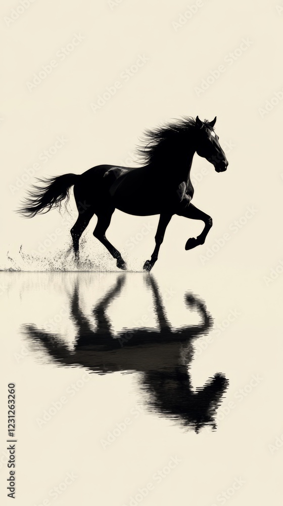 Black horse is running through a body of water, with its reflection visible in the water. Concept of freedom and grace Black horse is running through a body of water, with its reflection visible in the water. Concept of freedom and grace
