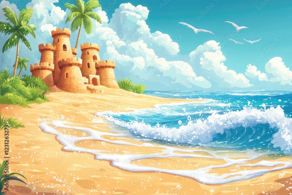 custom made wallpaper toronto digitalA cartoon beach with animated waves and lively sandcastles, where every grain of sand seems to sparkle and the entire scene is filled with energy and fun.