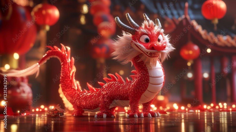 Fototapeta premium Cheerful Red Dragon Amidst Glowing Lanterns during Chinese New Year Celebration