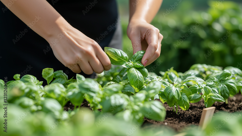Hand reaching for basil in a lush, sunlit home garden Hand reaching for basil in a lush, sunlit home garden