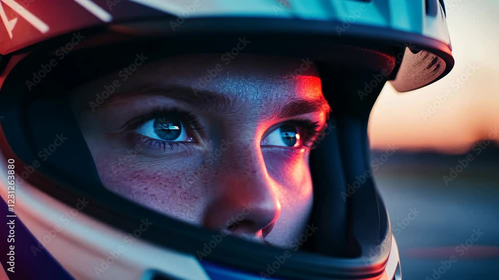 Motorsport athlete focuses intently while wearing a racing helmet during sunset at a racetrack Motorsport athlete focuses intently while wearing a racing helmet during sunset at a racetrack