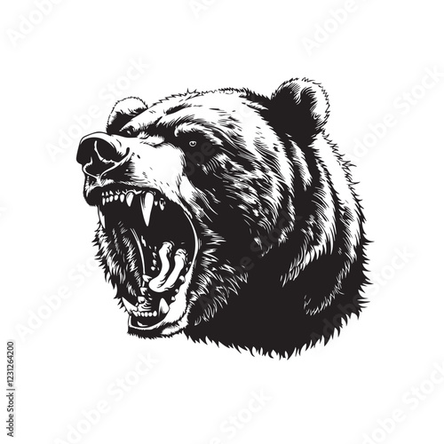 Detailed monochrome vector of a roaring bear head, fierce expression, sharp teeth, ideal for logos, mascots, prints, Easy editable layere.