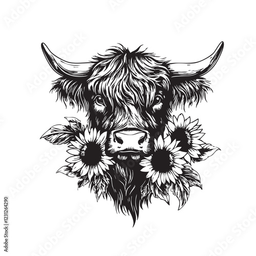 Monochrome vector Highland cow portrait with sunflowers, detailed, rustic, Scottish, nature-inspired, ideal for prints, logos, farm themes. Easy editable layere, Farm animals.