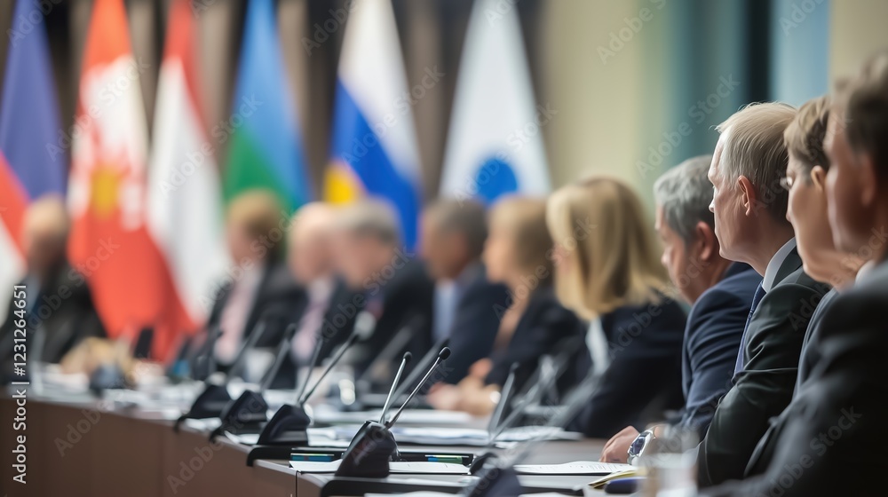 Obraz premium Government officials and diplomats seated at a negotiation table, analyzing the financial contributions of NATO member states. A conceptual image representing economic discussions