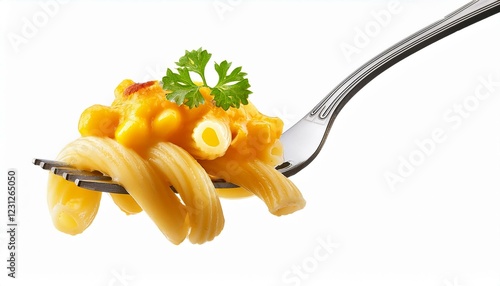 pasta with sauce. Mac and cheese on a fork isolated on white background.