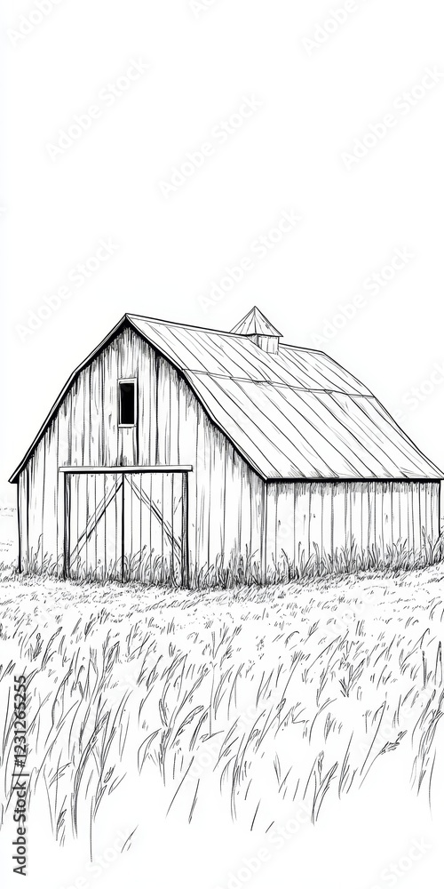 A barn with a door is shown in a field. The barn is old and has a rustic appearance. The field is empty and the barn is the only structure visible A barn with a door is shown in a field. The barn is old and has a rustic appearance. The field is empty and the barn is the only structure visible