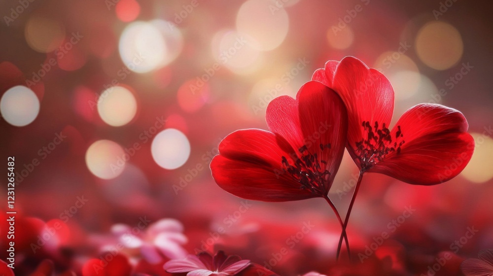 Obraz premium Two Red Flowers Forming a Heart Shape Against a Bokeh Background