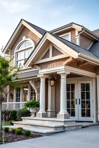 Luxury House Exterior: Elegant Home Design with Columns and Landscaping. A stunning architectural masterpiece, showcasing beautiful design elements and curb appeal.