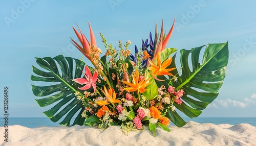 Wallpaper Mural A bold tropical bouquet featuring vibrant heliconias, birds of paradise, and monstera leaves, placed against a sandy beach backdrop. Torontodigital.ca