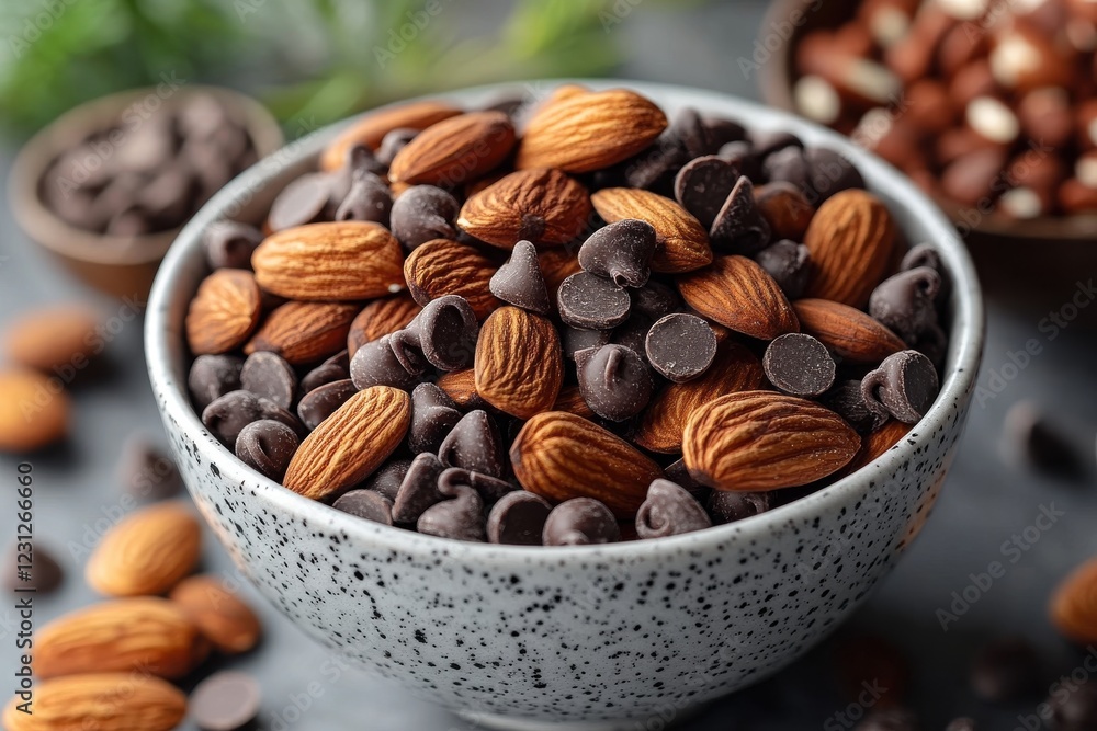 Bowl of Almonds and Chocolate Chips on a Kitchen Counter - Perfect for Cooking or Snacking Bowl of Almonds and Chocolate Chips on a Kitchen Counter - Perfect for Cooking or Snacking