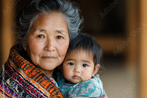 An older Asian grandmother with gray hair holds her young grandchild close, wrapped in a colorful woven shawl photo