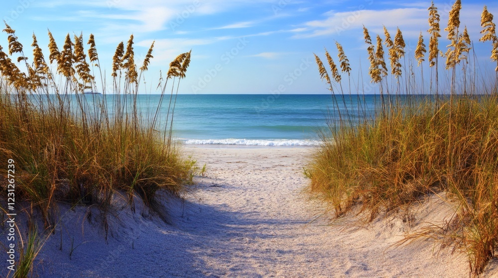 Serene Beach Path with Sea Oats and Turquoise Ocean Serene Beach Path with Sea Oats and Turquoise Ocean
