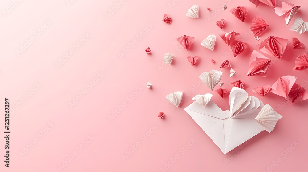 Pink paper hearts spilling from envelope on pink background Pink paper hearts spilling from envelope on pink background