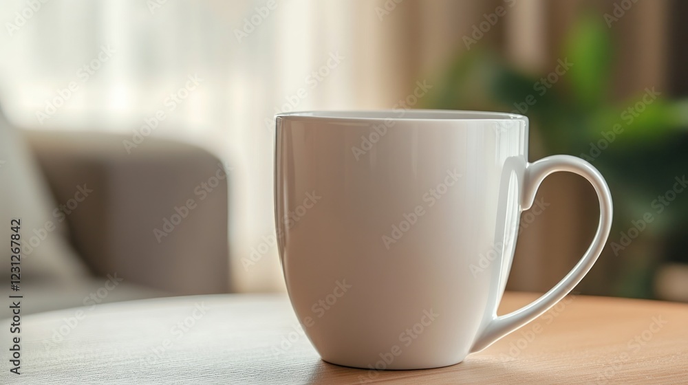 Obraz premium White mug on wooden table, cozy home interior.