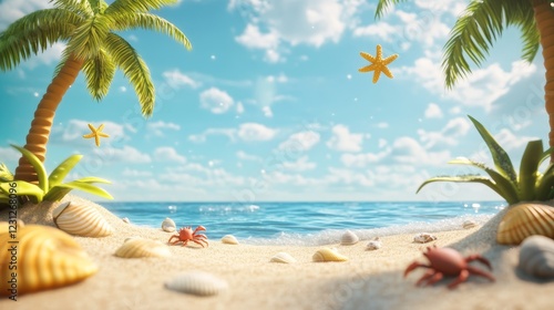 Idyllic Cartoon Beach Scene  Tropical Paradise with Palm Trees  Starfish  Crabs  and Seash photo