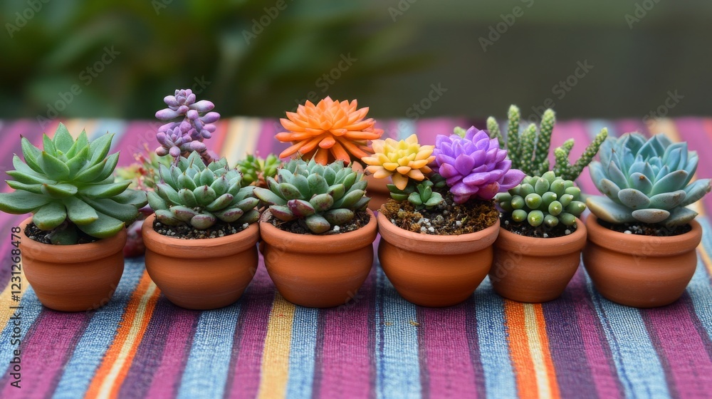 102.A close-up of various mini cactus species and succulents, including zebra plants and kalanchoe, placed in earthy clay pots on a striped tablecloth in warm, contrasting colors. 102.A close-up of various mini cactus species and succulents, including zebra plants and kalanchoe, placed in earthy clay pots on a striped tablecloth in warm, contrasting colors.