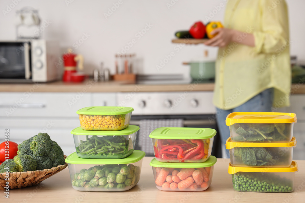 Plastic containers for freezing with vegetables and woman on background