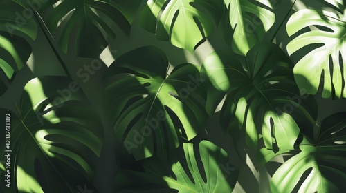 Wallpaper Mural 6.A vibrant monstera pattern with lush green branches arranged horizontally, highlighted by simple flat vector shapes and subtle shadows for depth. Torontodigital.ca