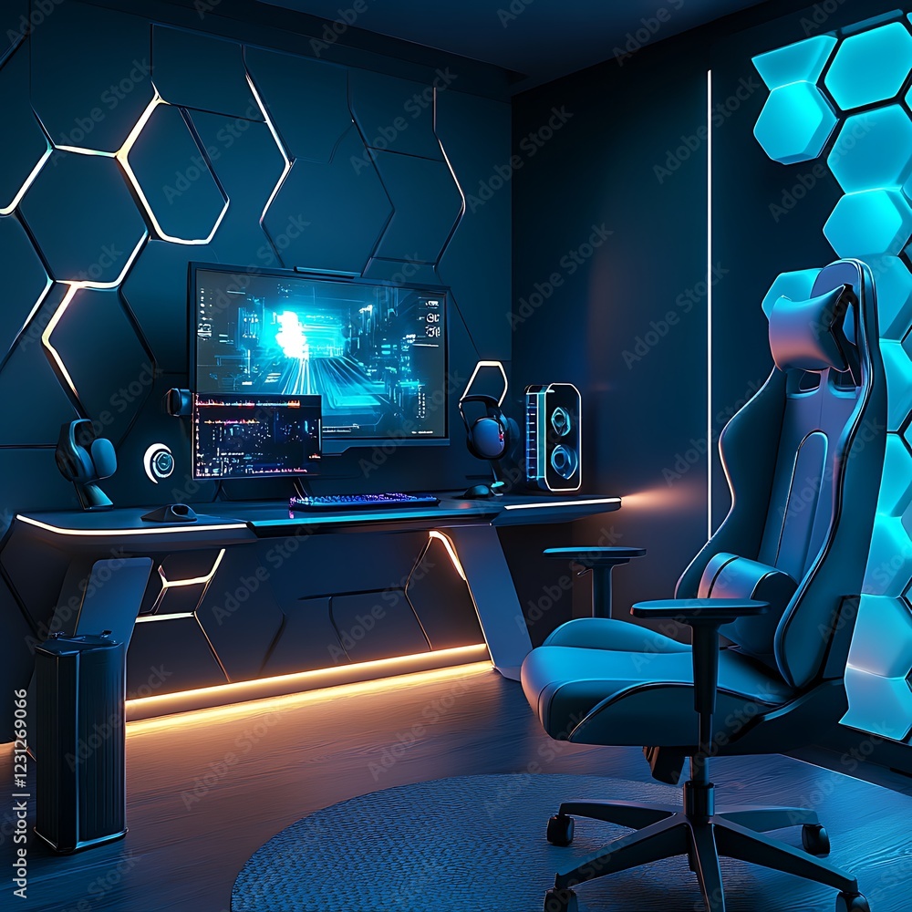 A futuristic gaming setup with a holographic screen, glowing peripherals, and a minimalist chair with ambient light effects.
