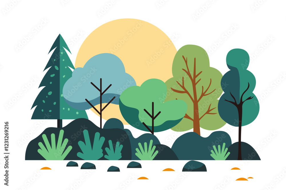Fototapeta premium forest landscape environment friendly concept tree flower bush ecological outdoor camping illustration earth scene plant nature