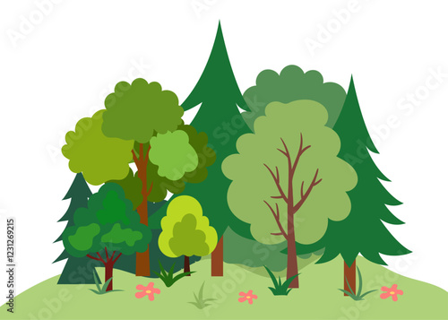 forest landscape environment friendly concept tree flower bush ecological outdoor camping illustration earth scene plant nature