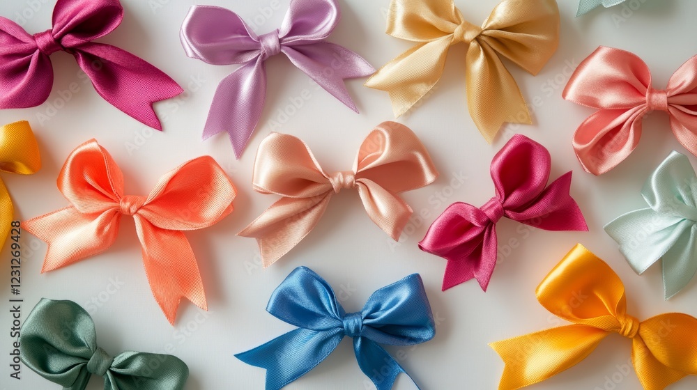 A bunch of colorful bows are arranged on a white background. The bows are of different colors and sizes, creating a vibrant and eye-catching display A bunch of colorful bows are arranged on a white background. The bows are of different colors and sizes, creating a vibrant and eye-catching display