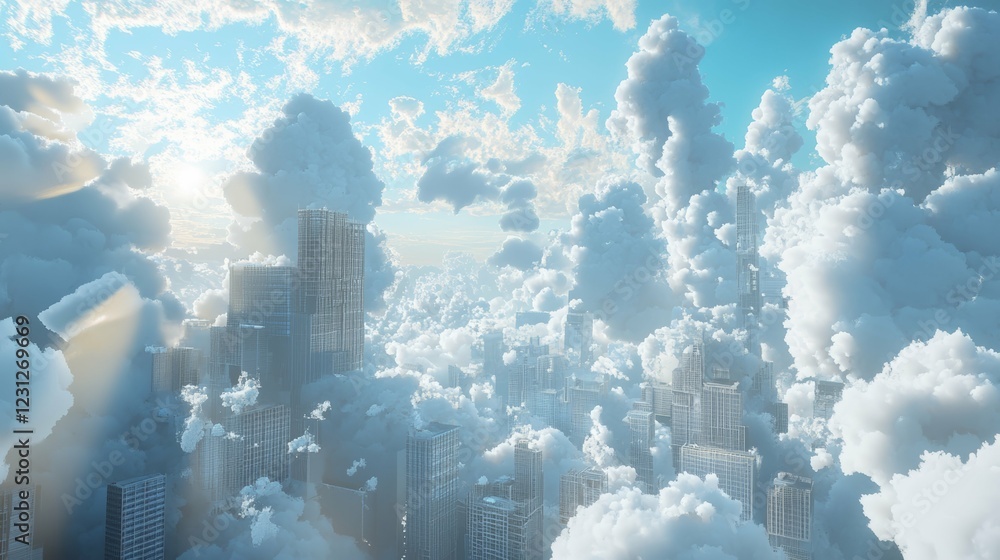 Obraz premium Majestic Urban Skyline Amongst Cloudy Wonders in a Dreamy Atmosphere