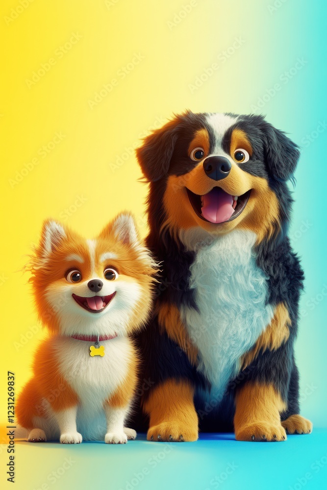 Happy dogs posing together, studio shot, yellow-blue background, pet adoption Happy dogs posing together, studio shot, yellow-blue background, pet adoption