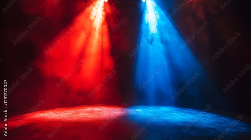 Obraz premium Dramatic Lighting Contrast on Stage with Red and Blue Spotlights